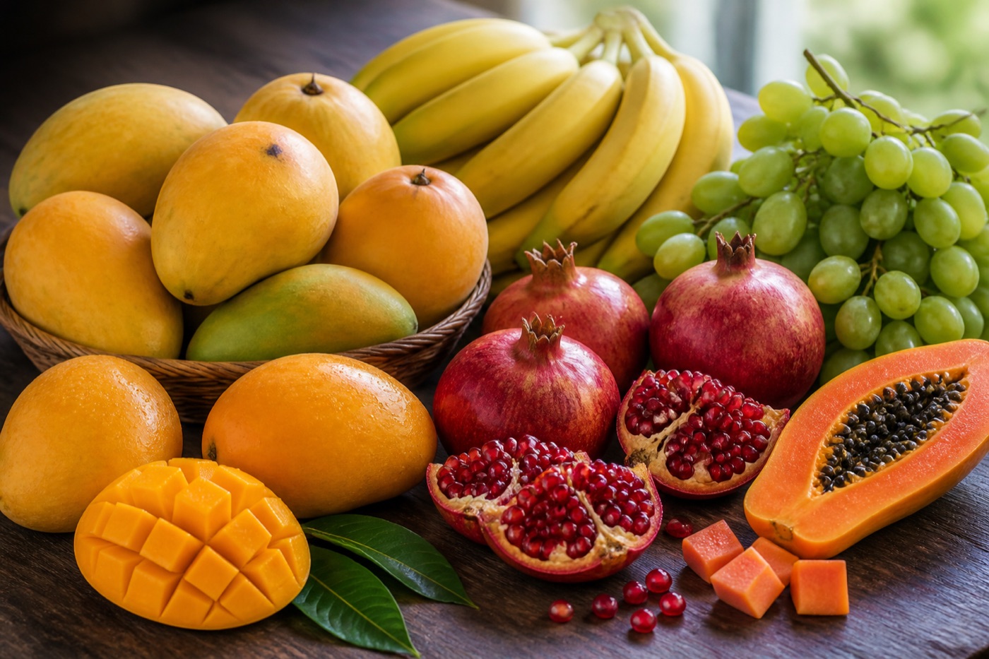 Fresh Indian fruits for export, including papaya and mango